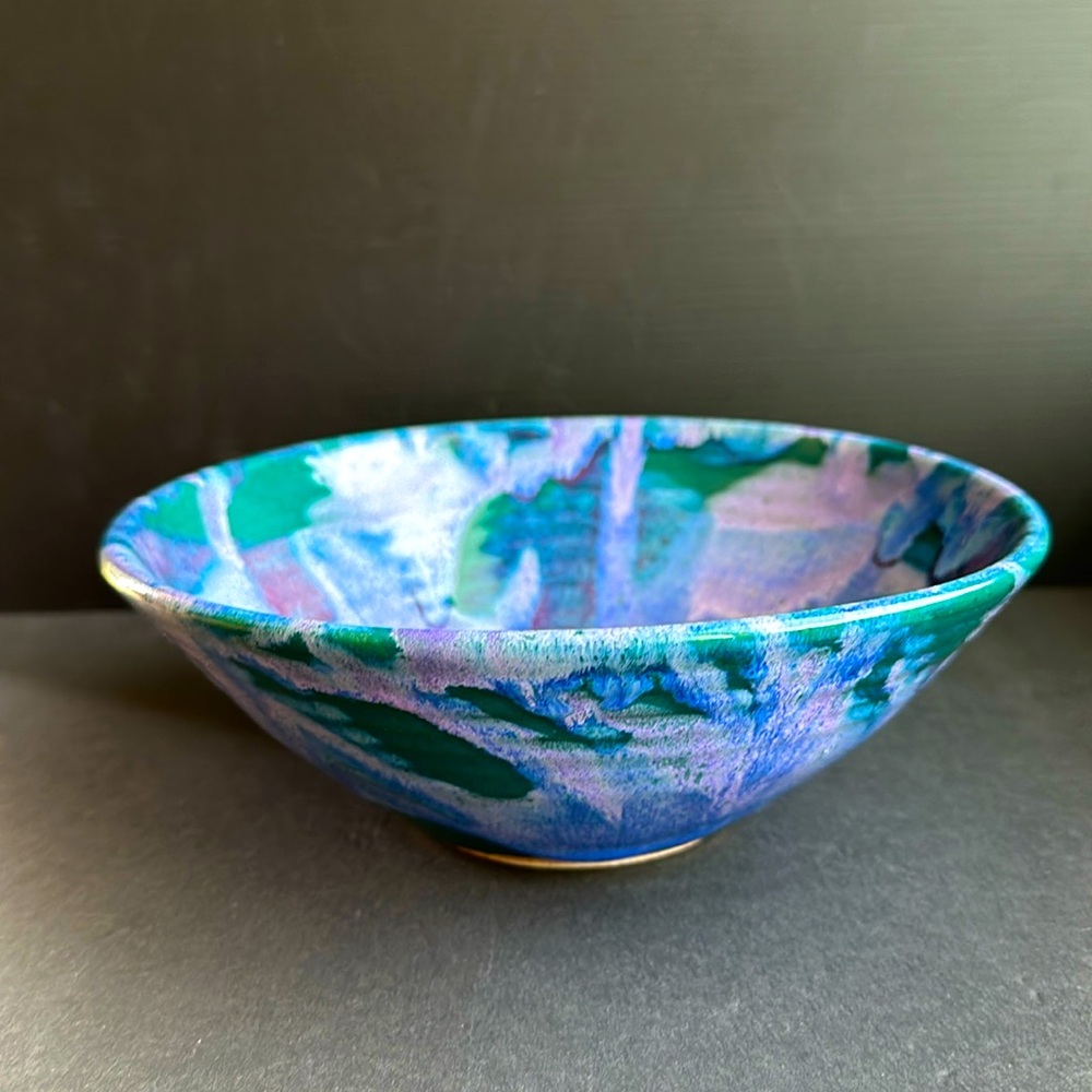 VTG Signed Carla Studio Art Pottery Bowl 8" Hand Thrown Blue Purple Green Drip